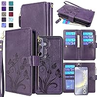 Lacass Case Wallet for Samsung Galaxy S24+ Plus 6.7 inch 2024, [12 Card Slots] ID Credit Cash Holder Zipper Pocket Detachable Leather Wallet Cover with Wrist Strap Lanyard（Floral Dark Purple）