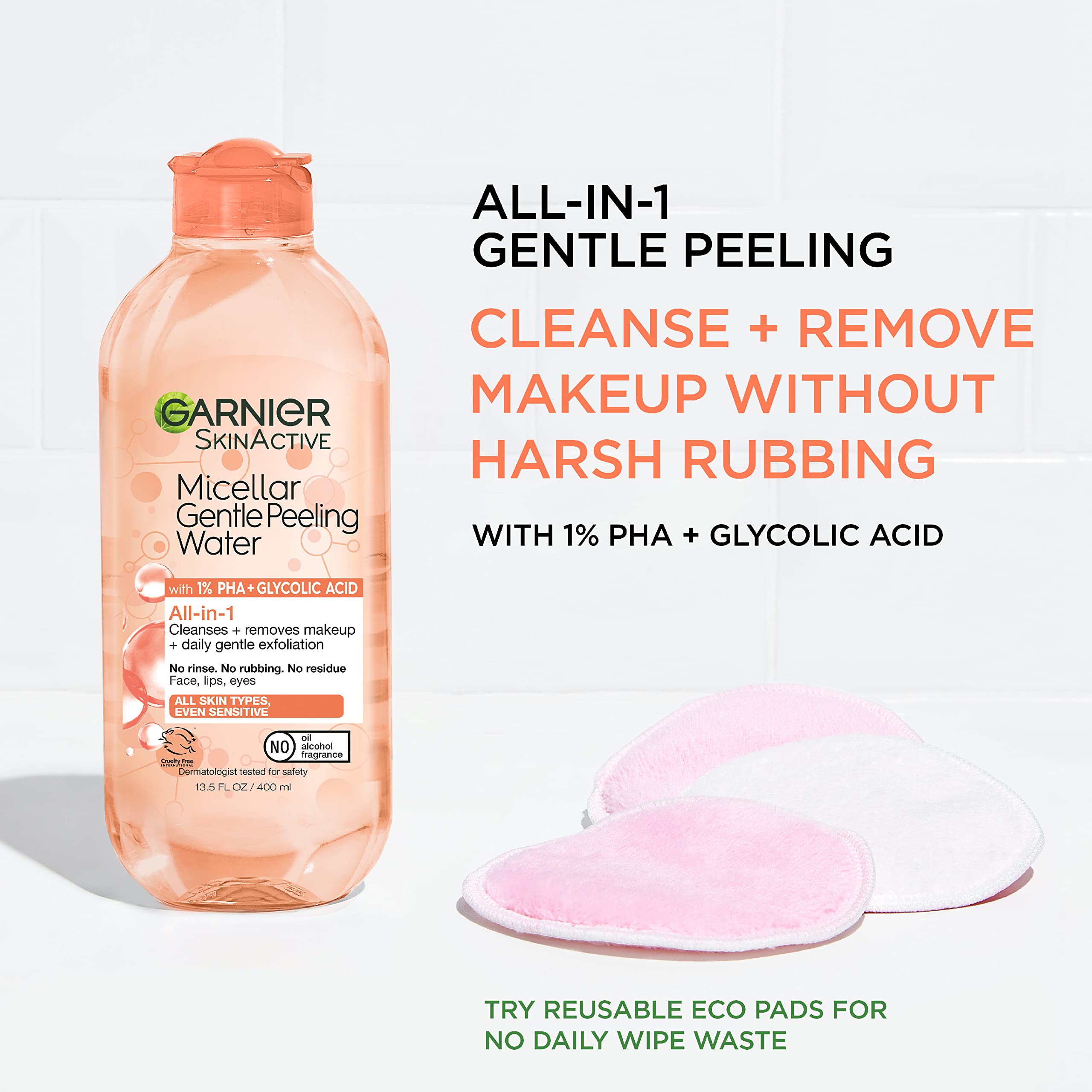 Garnier SkinActive Micellar Gentle Peeling Water with 1% PHA and Glycolic Acid, Facial Cleanser and Makeup Remover, 2 Pack