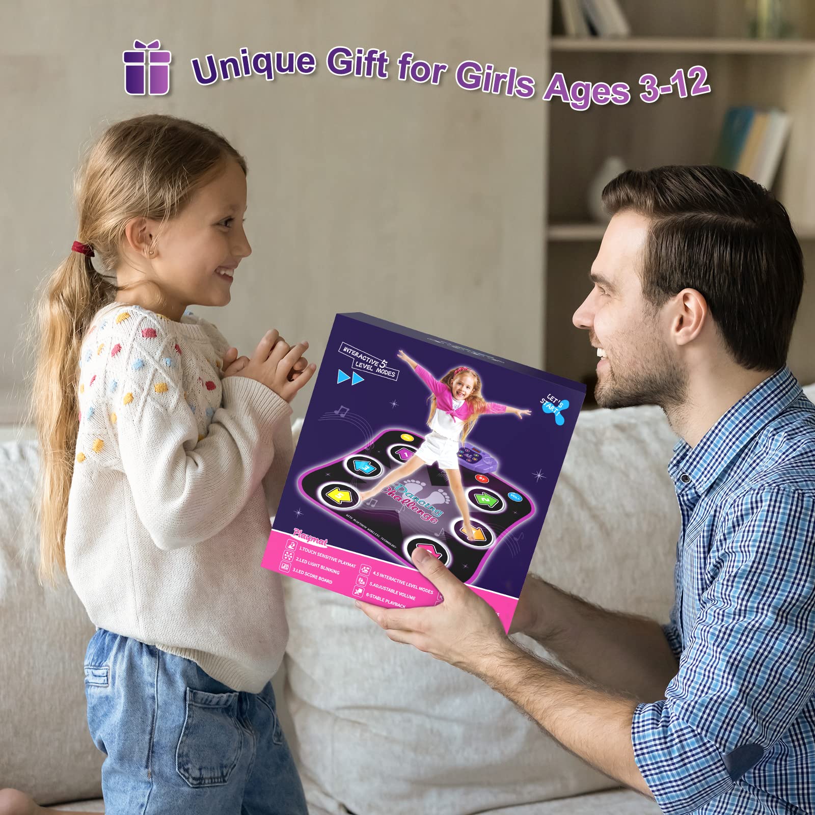Flooyes Dance Mat Toys for 3-12 Year Old Kids, Electronic Dance Pad with Light-up 6-Button & Wireless Bluetooth, Music Dance Game Mat with 5 Game Modes, Gifts for 3 4 5 6 7 8 9 10+ Year Old Girls