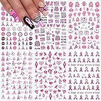 6 Sheets Breast Cancer Nail Art Stickers 3D Self-Adhesive Nail Decals Pink Ribbon Nail Stickers Nail Art Supplies Heart Breast Cancer Awareness Nail Designs for Woman Holiday DIY Nail Art Decoration