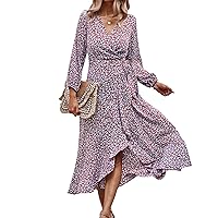 Women's Dress Polka Dot Floral Print Long Sleeve Wrap V Neck Fishtail Ruffle Hem Long Maxi Dress