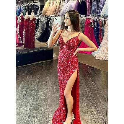 Tsbridal Spaghetti Straps Sequin Prom Dresses for Women Mermaid Formal Dress with Slit Long Sparkly Evening Party Gowns