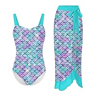 uideazone Girls One Piece Swimsuit with Cover Up Wrap Skirt Set Cool Printed Two Piece Bathing Suit 6-12T