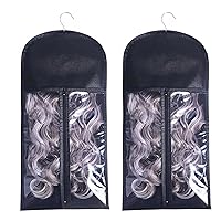 2PCS Hair Extension Holder with Wooden Hanger, Portable Wig Bags Storage, Dust-proof Hair Extension Hanger for Hairpiece Human Hair (Black + Black)