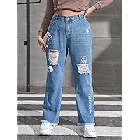Women's Plus Size Denim Pants Plus Heart & Letter Graphic Straight Leg Jeans Fashion Beauty Lovely Unique (Color : Medium Wash, Size : X-Large)