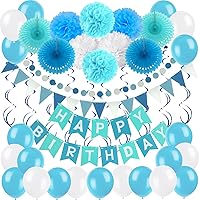 ZERODECO Birthday Decoration Set, Happy Birthday Banner Bunting with 4 Paper Fans Tissue 6 Paper Pom Poms Flower 10 Hanging Swirl and 20 Balloon for Birthday Party Decorations -Blue,Sky Blue and White