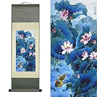 AtfArt Asian Wall Decor Beautiful Silk Scroll Painting Flowers - Lotus Chart Oriental Decor Chinese Art Wall Scroll Wall Hanging Painting Scroll (36.2 x 12 in)