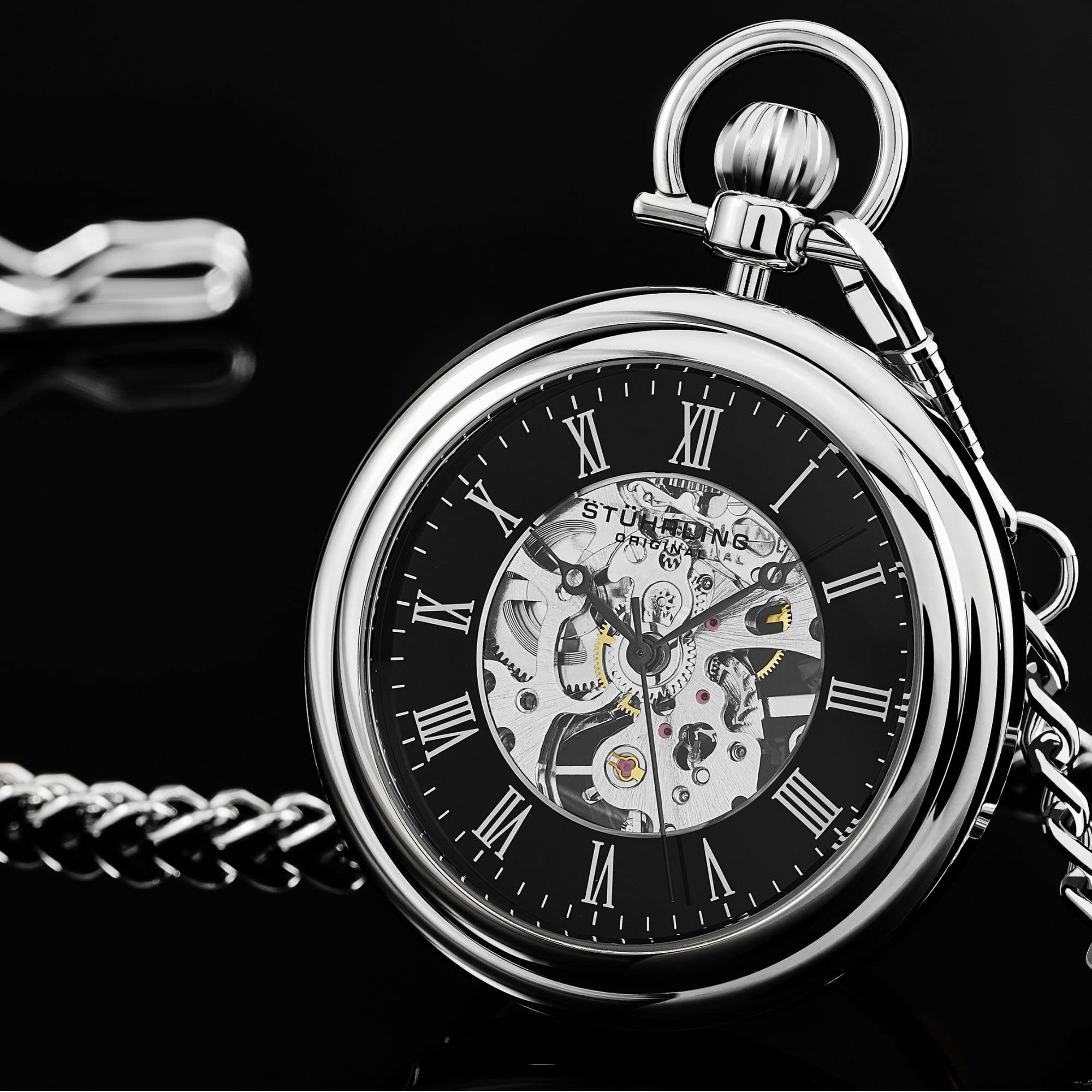 Stuhrling Original Men's Pocket Watch Stainless Steel Analog Skeleton Watch Hand Wind Mechanical Movement Stainless Steel Chain