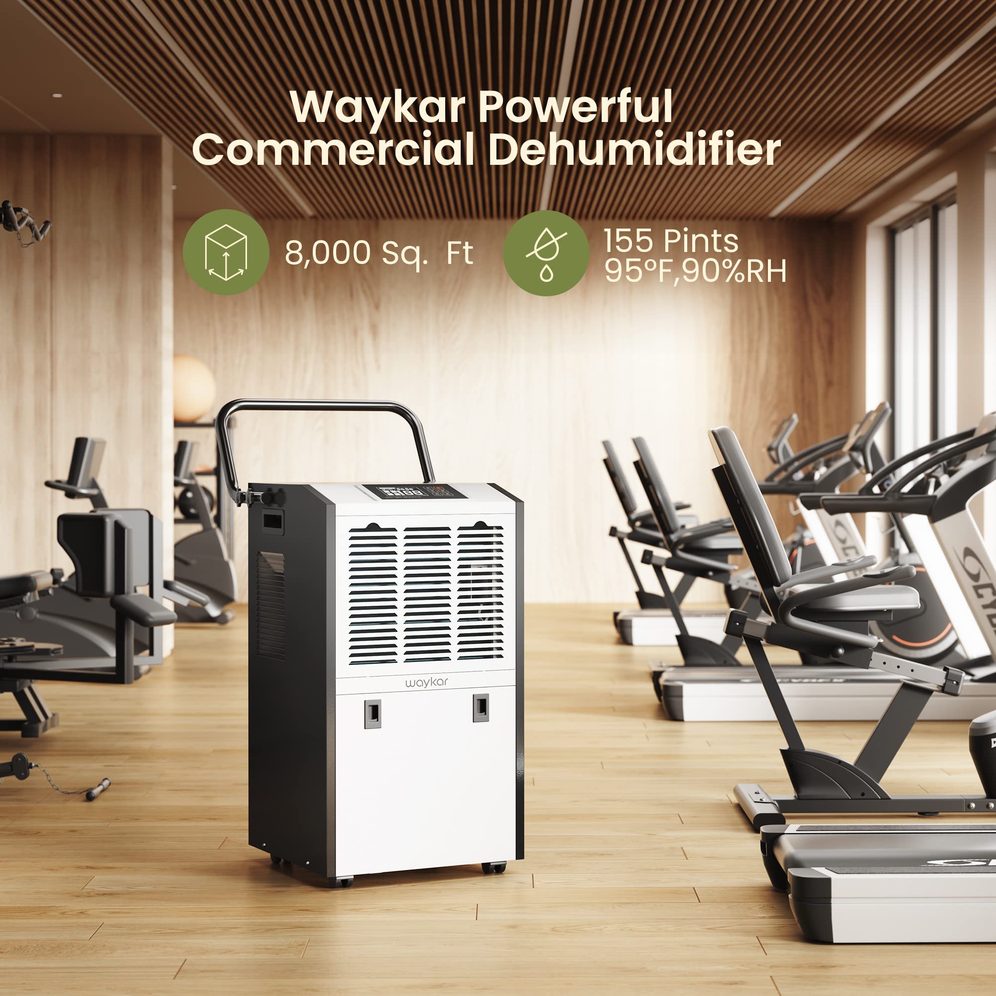Waykar 155 Pints Commercial Dehumidifier with Drain Hose Industrial Dehumidifier with a 1.32 Gallons Water Tank in Large Space up to 8000 Sq. Ft for Warehouse Basements Whole House Moisture Remove
