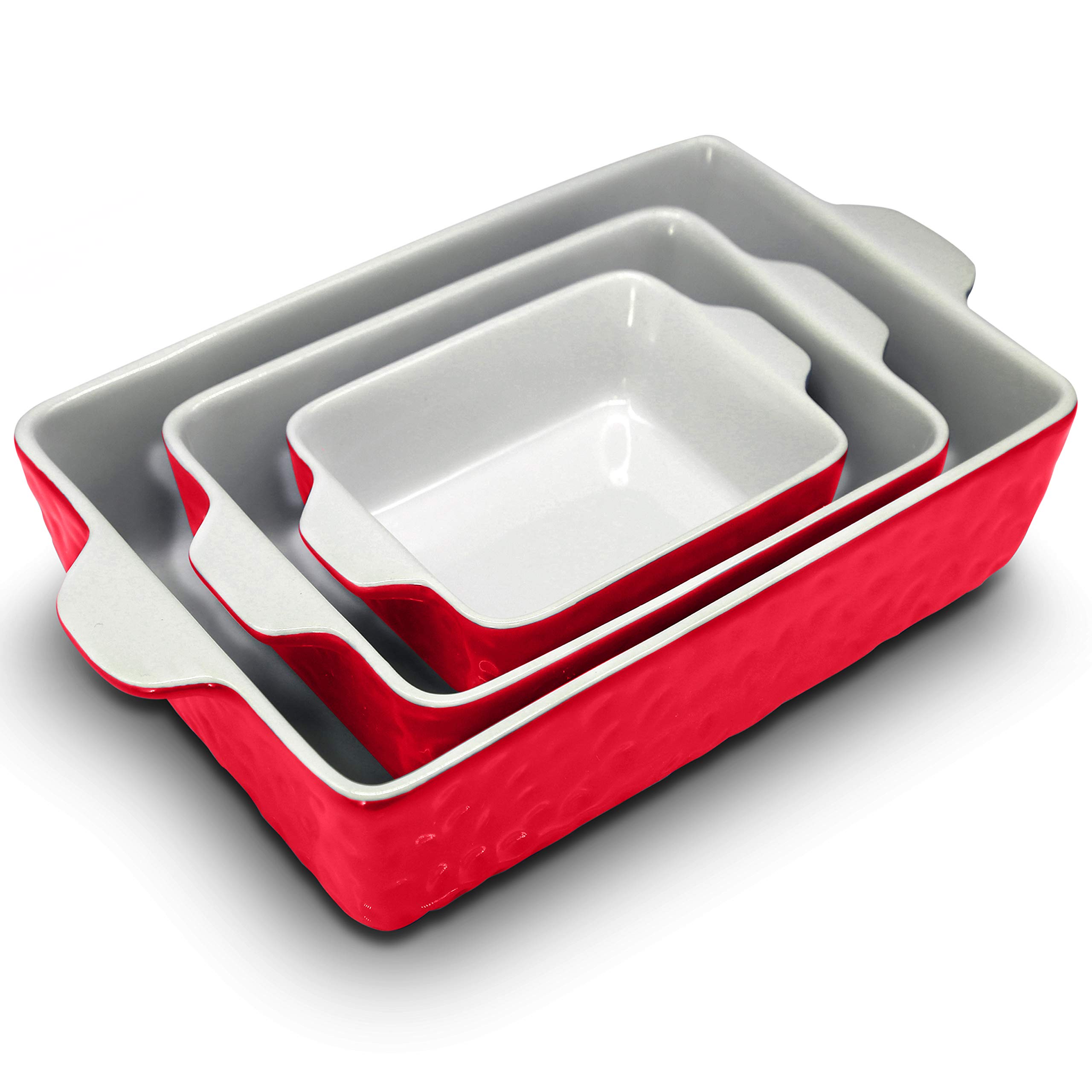 NutriChef 3Pcs. Nonstick Bakeware PFOA PFOS PTFE Tray Set w/Odor-Free Ceramic, 446°F Oven Microwave/Dishwasher Safe Rectangular Baking Pan, Red