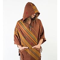 AJJAYA Mens Poncho Brown Handmade Cashmere Wool with Large Hood and Pockets Jungle Primitive Gypsy Festival Mexican Tribal Embroidered Celtic Earthy Winter Tibetan Wild
