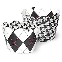 Houndstooth & Argyle Cupcake Wrappers - Burn Book Mean Girls Birthday, Preppy, Hot Pink Party Supplies, Bridal or Baby Shower Decoration - Dessert Skirtz - 24 Count (Black and White)