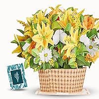 Large Paper Flower Basket Card, Pop Up Cards, 9 inches with Note Card and Envelope - Sunshine in Basket