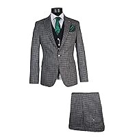 Owen Mens Blue Slim Fit 3 Piece Grey Checkered Suits Single Breasted
