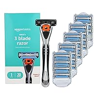 Amazon Basics 3-Blade Motion Sphere Razor for Men with Dual Lubrication, Handle & 20 Cartridges, Cartridges fit Amazon Basics Razor Handles only, 21 Piece Set, Black (Previously Solimo)