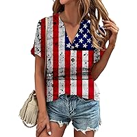 4Th of July American Flag Days Shirts for Women Short Sleeve T Shirt Summer Trendy Hawaiian Beach V Neck Cotton Tops
