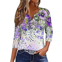 Womens 3/4 Sleeve Tops, Button V Neck Loose Fit Fashion Shirts Graphic Casual Going Out Tees Blouses