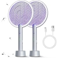 Electric Fly Swatter Racket 2 Pack, Mosiller 2 in 1 Bug Zapper with Auger USB Rechargeable Base, 4000 Volt Indoor Outdoor Mosquito Killer with 3-Layer Safety Mesh for Pest Insect Control & Flying Trap