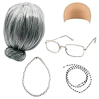 Old Lady Costume for Kids - 5 Pcs Set for 100th Day of School Grandma Costume for Kids Girls, Gray Wig, Glasses with Chain, Wig Cap, Necklace