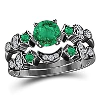 Moon Star Style Wedding Band Bridal Set 1.75 tcw CZ Green Emerald & Cubic Zirconia Round Engagement Ring Set Size 4 to 11