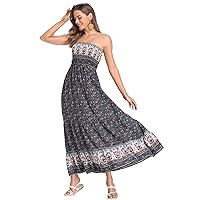 Women's Floral Smocked Tube Top Maxi Dresses Summer Strapless Boho Beach Long Dress