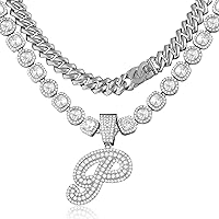 2pcs Cuban Link Chain for Women Cursive Silver Initial Necklace Cuban Link Necklace for Women Hip Hop Iced Out Chain Necklace Bling Diamond 14mm Cuban Chain Letter Name Hip Hop Jewelry Gift