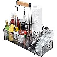 BBQ and Grill Caddy with Paper Towel Holder, Wood Handle & 2 Hooks – Camper Accessories Condiment Caddy – Plates, Cutlery and BBQ Organizer for Camping Outdoor, RV - US Patent Pending