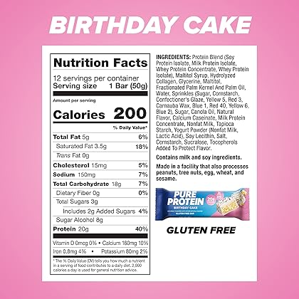 Pure Protein Bars, High Protein, Nutritious Snacks to Support Energy, Low Sugar, Gluten Free, Birthday Cake, 1.76 oz, Pack of 12 (Packaging May Vary)