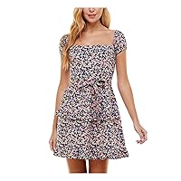 Womens Pink Stretch Zippered Ruffled Tie Tiered Floral Cap Sleeve Square Neck Mini Party Fit + Flare Dress Juniors 0