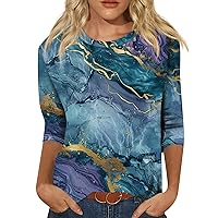 Casual Tops for Women Trendy 3/4 Length Sleeves Casual Floral Printed Round Neck Shirt Loose Fit Sweatshirt Blouse