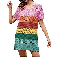 Summer Color Block Dress for Women Cover ups Round Neck Swimsuit Ruffle Hem Short Sleeve Sundress Fashion Cute Tank Dress