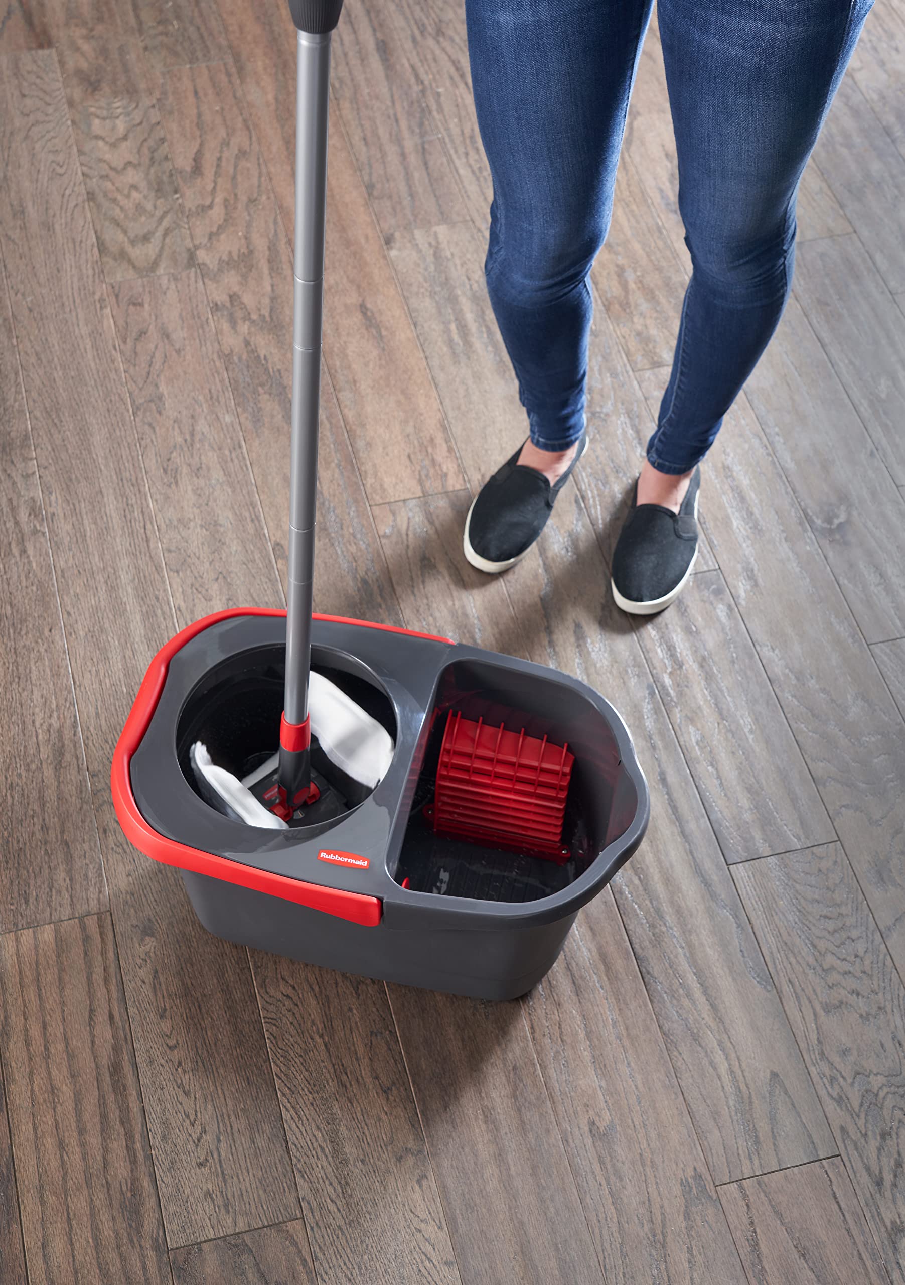 Rubbermaid Microfiber Flat Spin Mop Floor Cleaning System with Wringer Bucket, Red, Flat Floor Mop for Hardwood/Laminate/Vinyl/Tile/Stone Floors