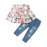 YALLET Baby Girl Clothes Infant Toddler Girl Outfits Ruffle Top+Ripped Denim Jeans Pants Set