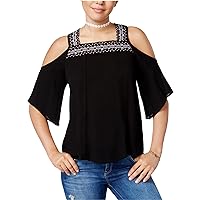 Womens Embroidered Cold-Shoulder Pullover Blouse, Black, Medium