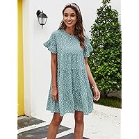 Fall Dresses for Women 2023 Solid Flounce Sleeve Smock Dress Dresses for Women (Color : Cadet Blue, Size : Small)