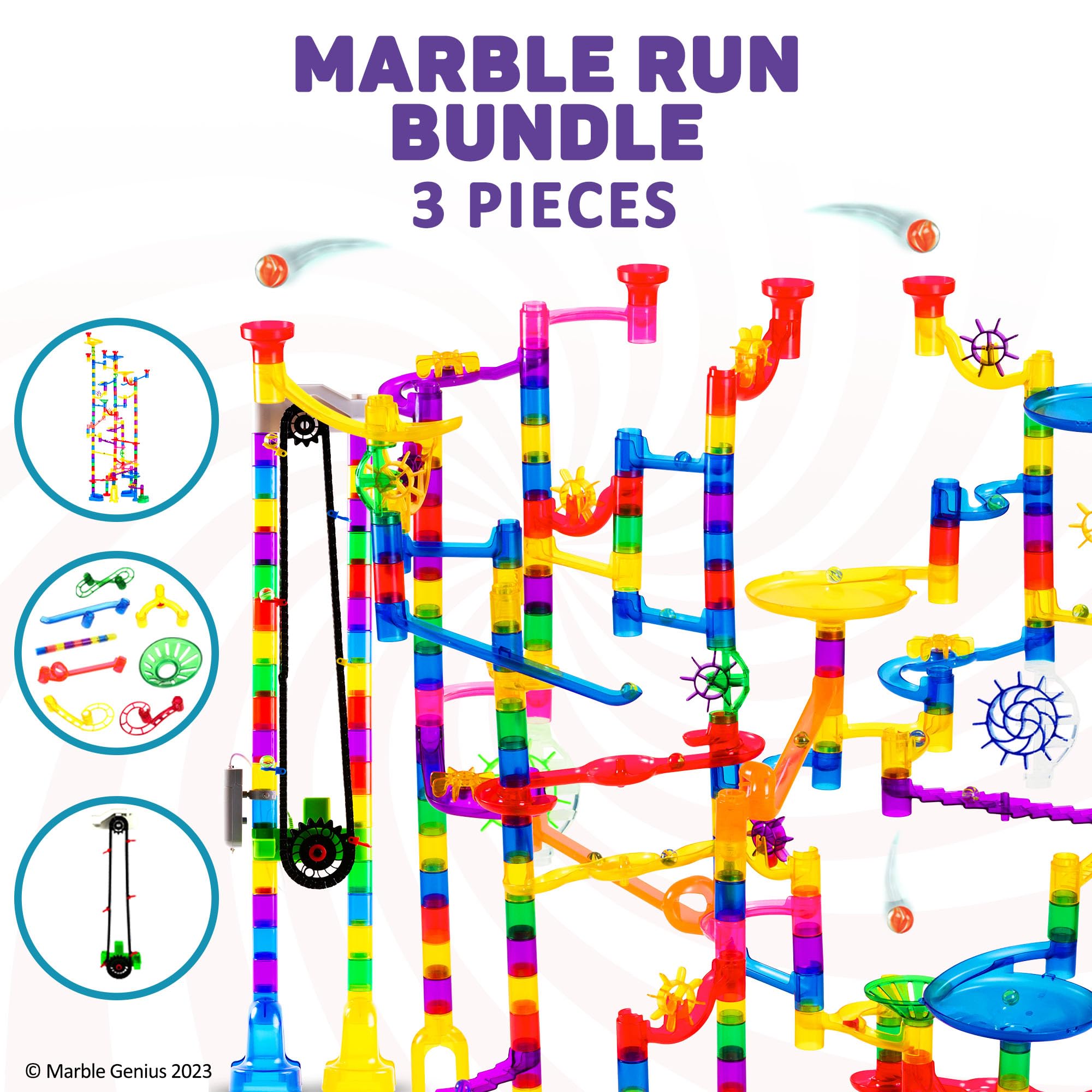 Marble Genius Bundle: Extreme Set (300 Pieces), Automatic Chain Lift and, Primary Booster Set (20 Pieces), Maze Track or Race Games for Kids, Adults, Teens, and Toddlers
