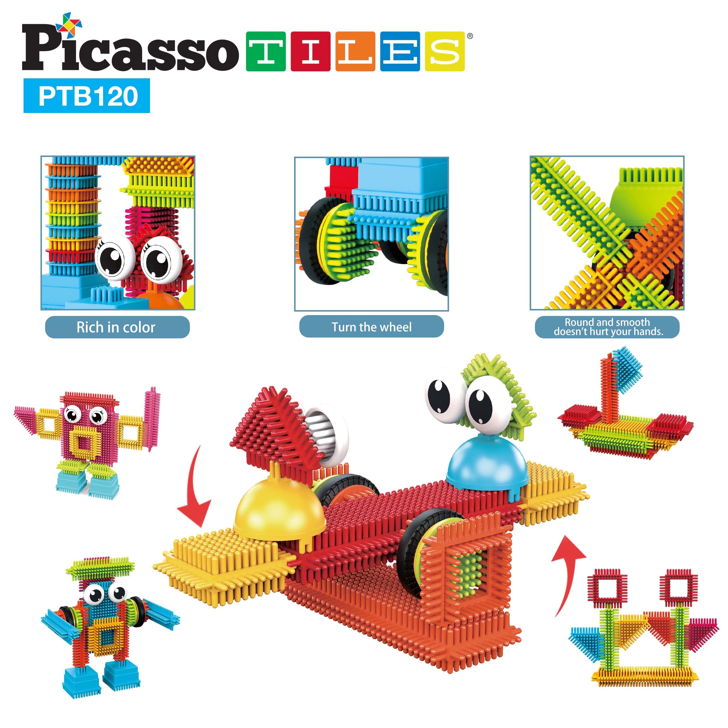 PicassoTiles 151PC + 120PC Bristle Shape 3D Building Blocks, Includes Truck Theme Set with Animal Figures: STEAM Learning & Educational Sensory Playset for Preschool and Kindergarten Kids Ages 3+