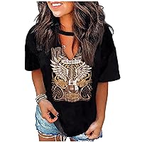 Sexy V Neck T Shirts for Women Tie Dye Hollow Out Blouse Tops Summer Loose Casual Shirt Country Music Graphic Tee Shirts