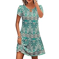 Dress for Women Clearance of Sale Under 10 Summer Dresses for Women Casual Loose Fit Petal Sleeve Mini Dress Trendy Hollow Out Crew Neck Knee Length Dress