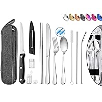 Portable Reusable Travel Utensils Silverware with Case,Travel Camping Cutlery set,Chopsticks and Straw, Flatware Cutlery Set with Case, Stainless steel Travel Utensil set Top (Silver)