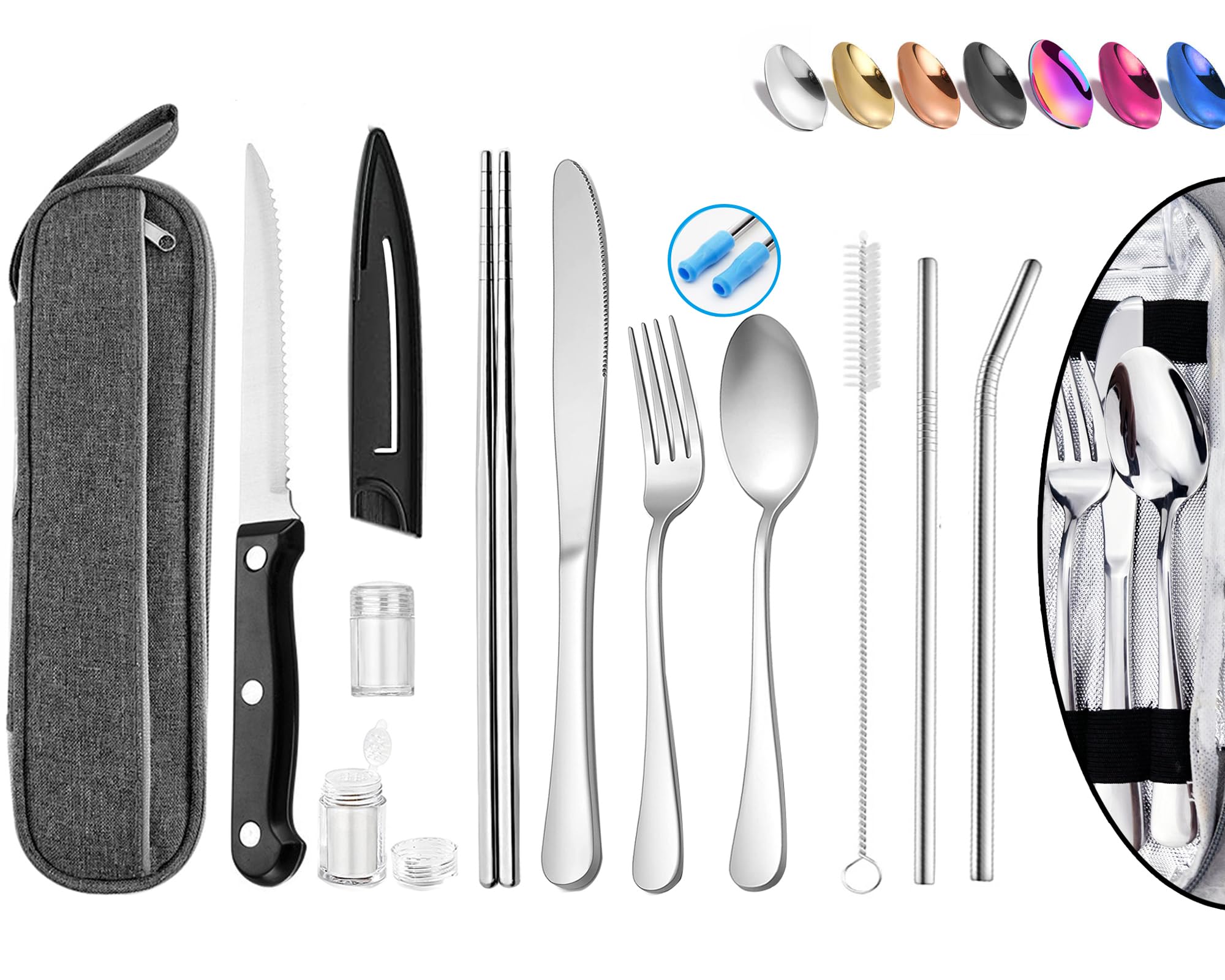 Portable Reusable Travel Utensils Silverware with Case,Travel Camping Cutlery set,Chopsticks and Straw, Flatware Cutlery Set with Case, Stainless steel Travel Utensil set Top (Silver)