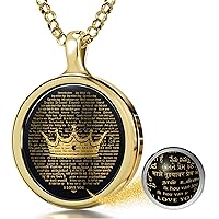 NanoStyle Women's Over 100 Languages I Love You Necklace Pure Gold Inscribed in Miniature Detail with Her Queen's Crown on Round Black Onyx Gemstone Pendant for Birthday Gift, 18