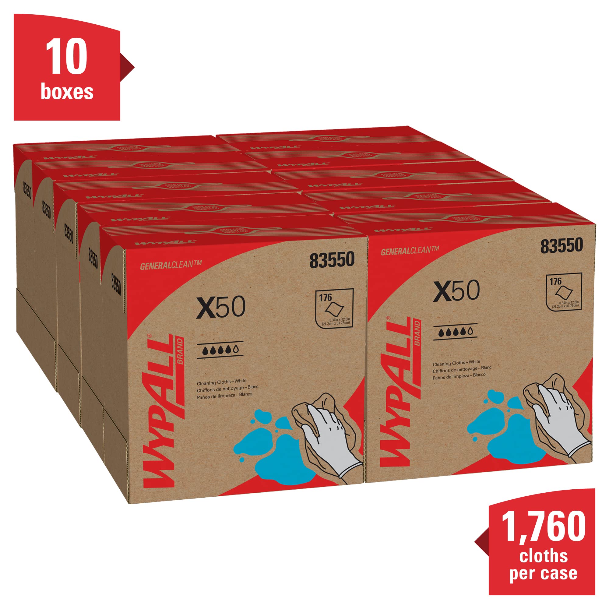 WYPALL 83550 X50 Cloths, POP-UP Box, 9 1/10 x 12 1/2, White, 176 per Box (Case of 10 Boxes)