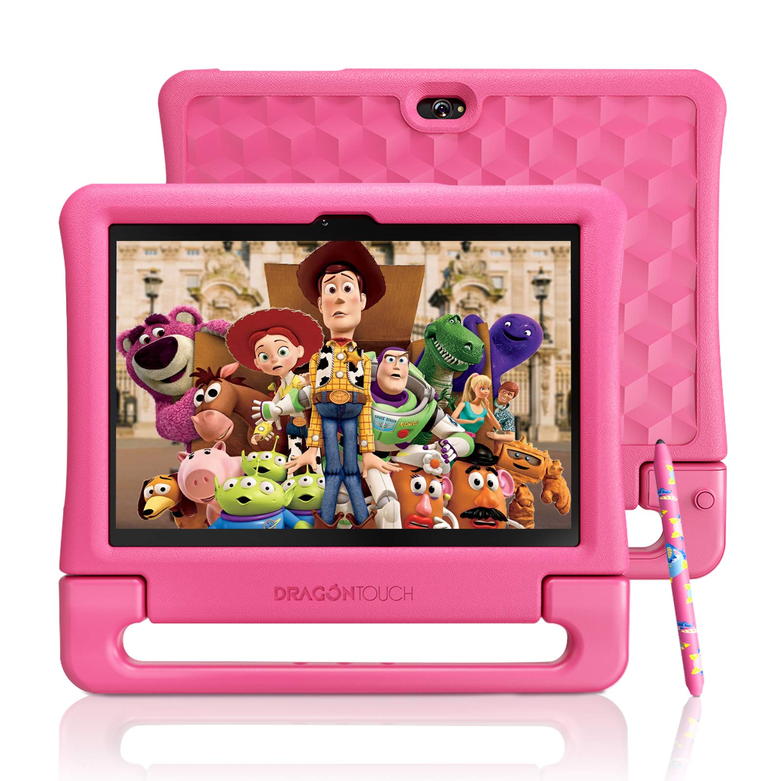 Dragon Touch Kids Tablet 10 inch IPS HD Display Android Tablets with 32GB Storage, 2GB RAM, Quad Core Processor, KIDOZ Pre-Installed, Kid-Proof Case, Shoulder Strap and Stylus, WiFi Only – Pink