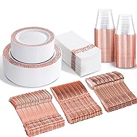 BUCLA 350PCS Rose Gold Plastic Plates With Disposable Plastic Silverware& Napkins- Rose Gold Rim Plastic Dinnerware Lace Design For Mother's Day, Wedding