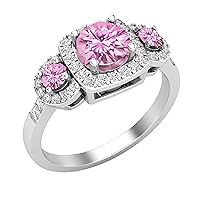 Dazzlingrock Collection Round Lab Created Gemstone & Natural White Diamond Ladies 3 Stone Halo Style Engagement Ring, 925 Sterling Silver
