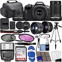 Canon EOS R100 Mirrorless Camera with 18-45mm and 55-210mm Lenses Kit + Wide Angle Lens + Telephoto Lens + 64GB Memory Card + 3pc Filter Kit + Case + Flash + Tripod + More (37pc Bundle)