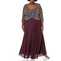 J Kara Women's Plus Size 3/4 Sleeve Geo Beaded Gown