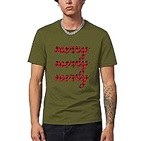 Ma Croix Mens Holiday Graphic Print Merry Merry Merry Plaid Font Crew Neck Short Sleeve T-Shirt
