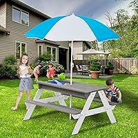 Kids Picnic Table 3 in 1 Convertitable Sand and Water Table with Removable Umbrella and Top 2 Play Boxes for Patio Garden Wood Indoor and Outdoor Children Gift for Boys Girls